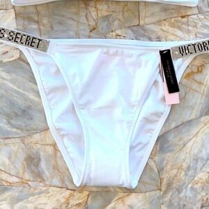 XS‎ Victorias Secret Swim BOMBSHELL BIKINI BOTTOM Silver Shine Strap White New